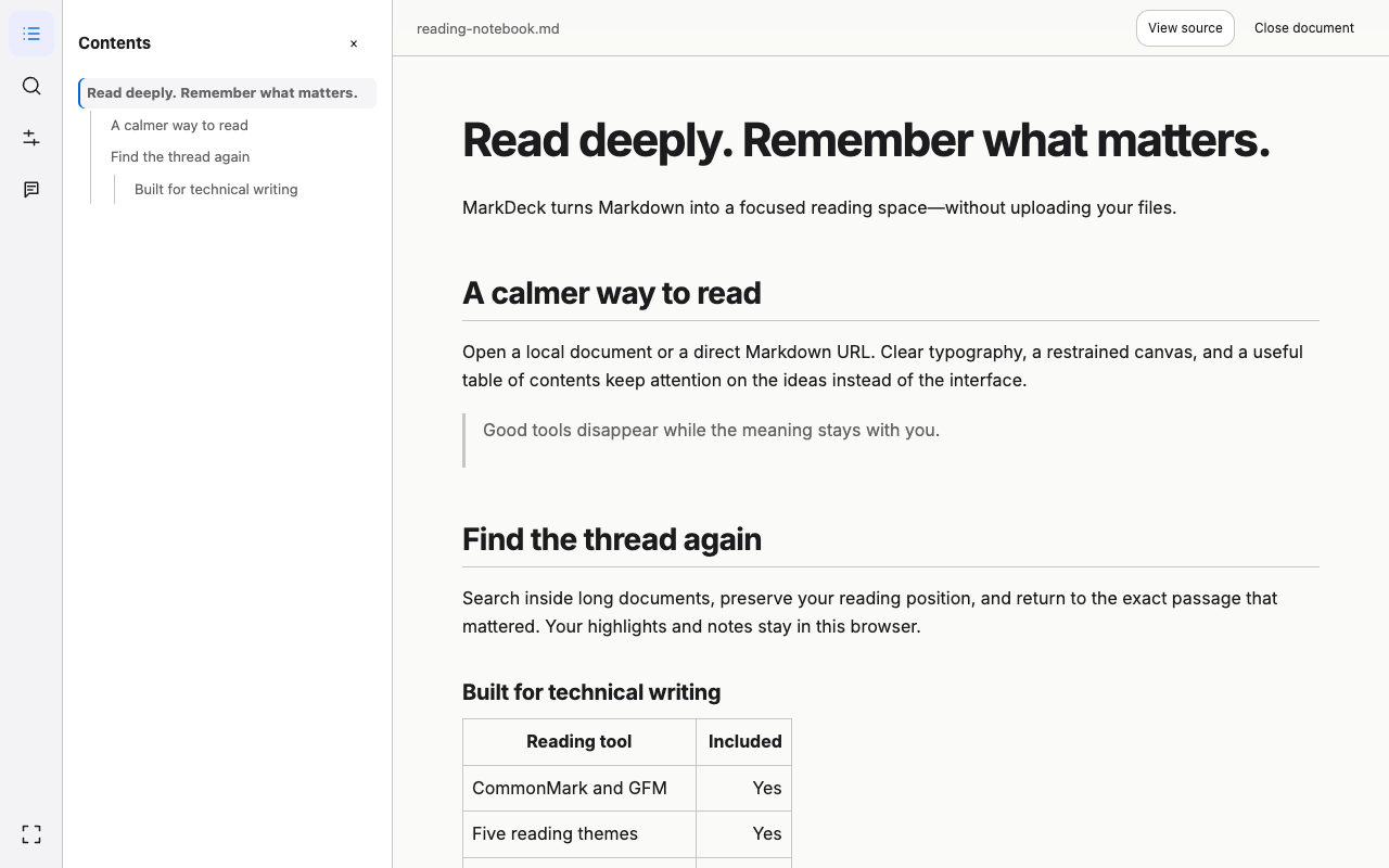 MarkDeck document outline beside a focused Markdown reading view