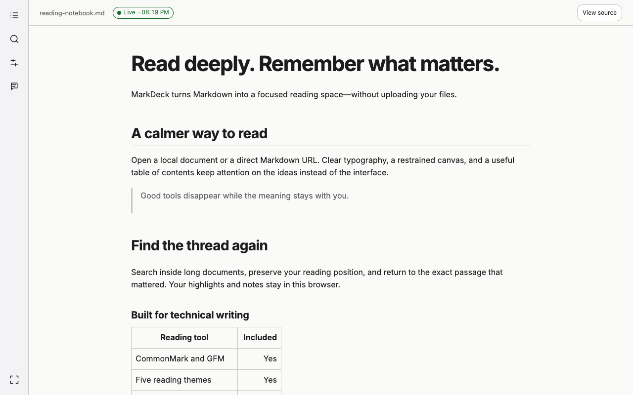Arquivo Markdown local aberto no MarkDeck com o status Ao vivo