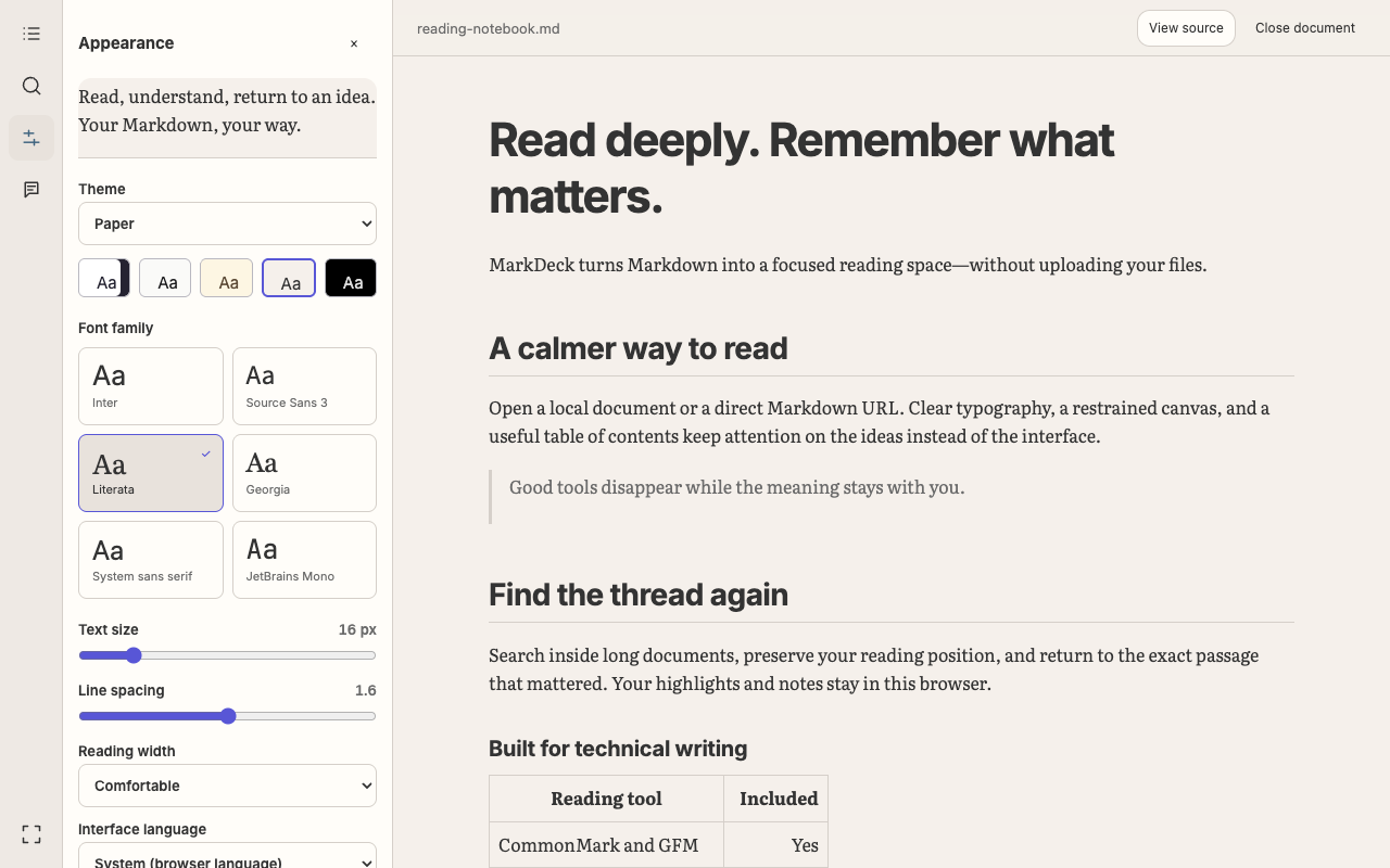 MarkDeck appearance controls with theme, typography and language settings