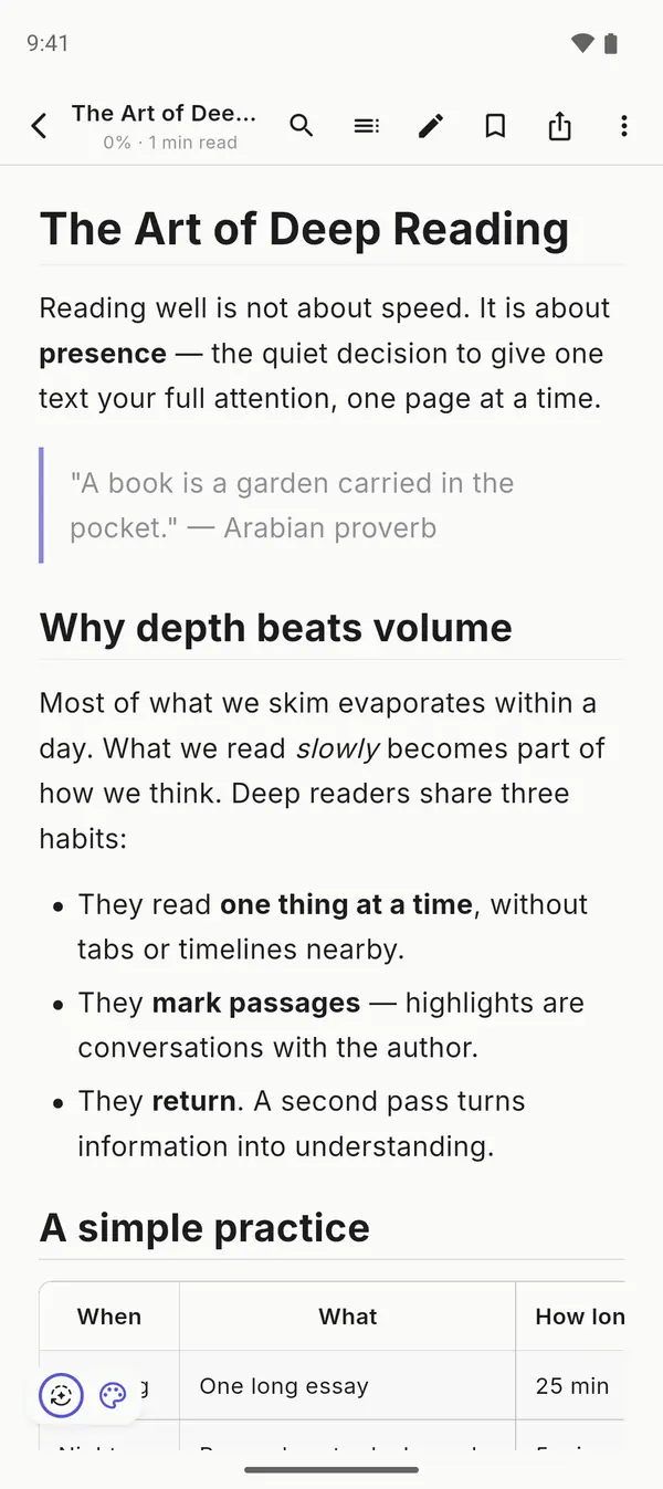 MarkDeck rendering a Markdown document with headings, quotes and lists