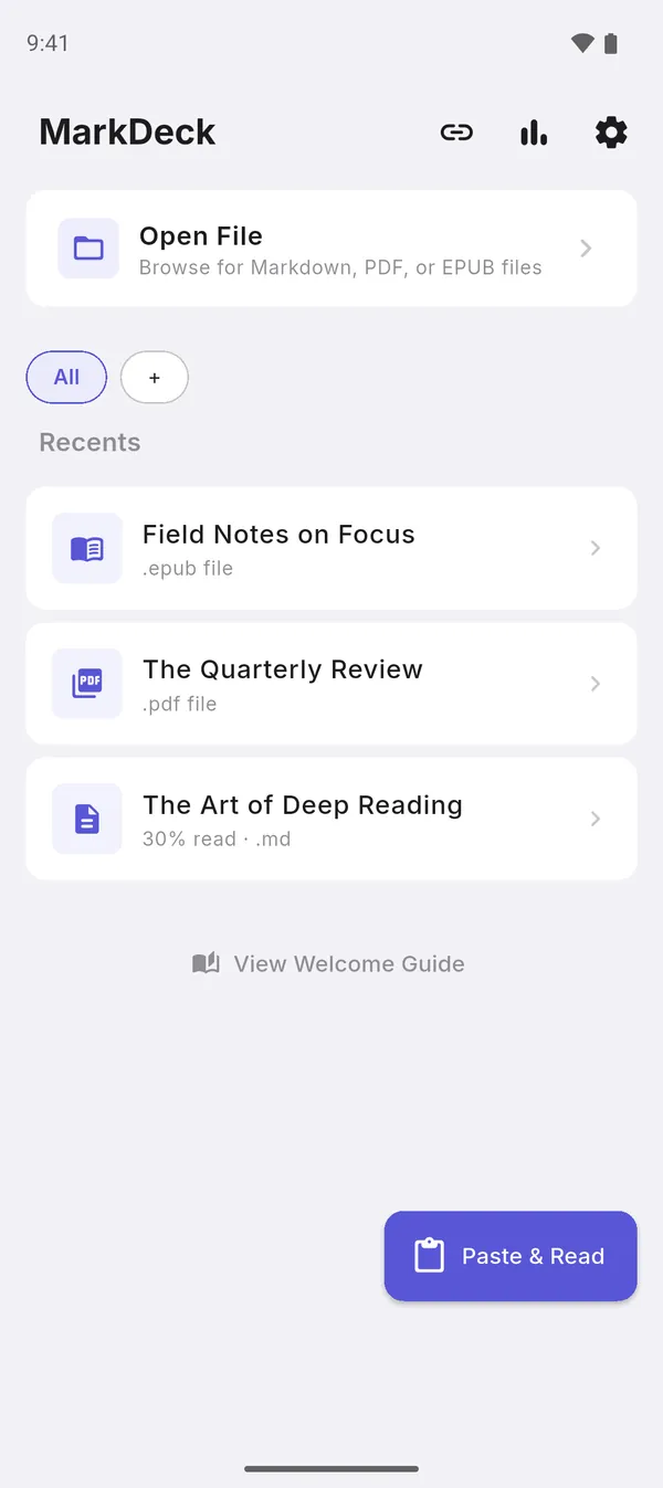 MarkDeck home with recent Markdown, PDF and EPUB files in one library
