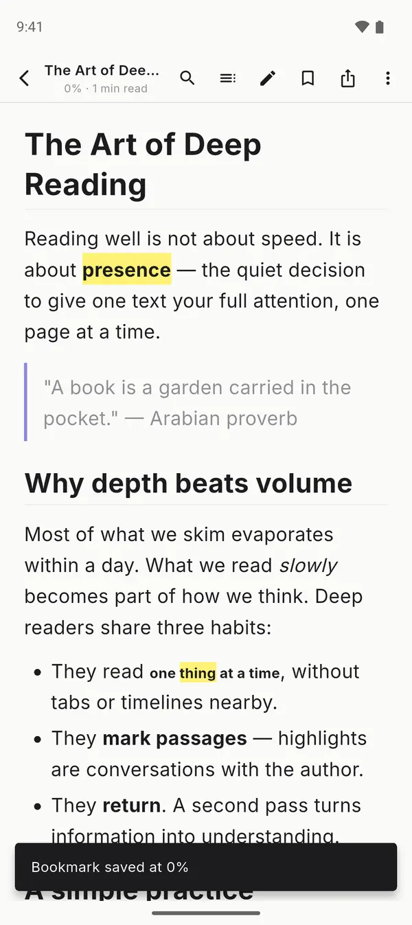 Highlighted passages with a note menu in the reader