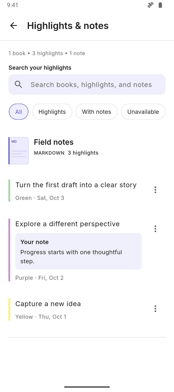 Highlights panel with colored passages and notes