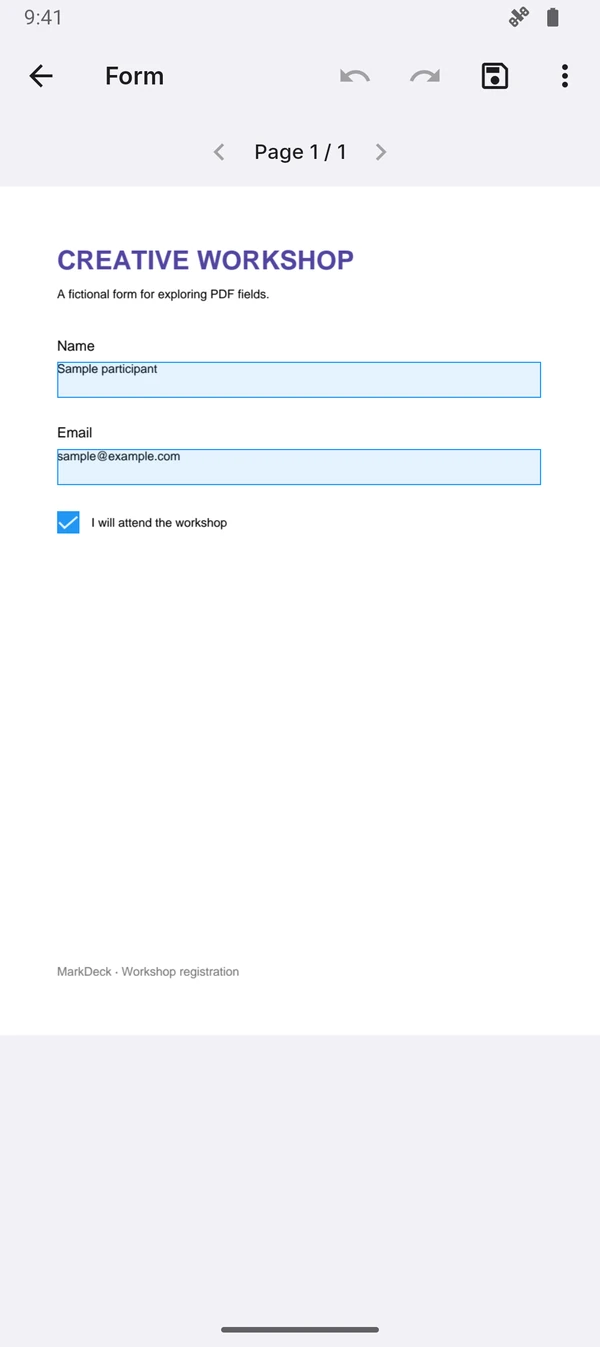 PDF form with editable text and checkbox fields