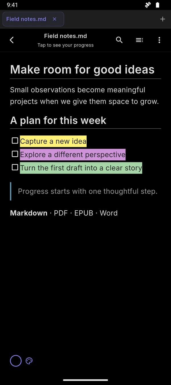 Dark Markdown reader with highlights; additional colors require Pro