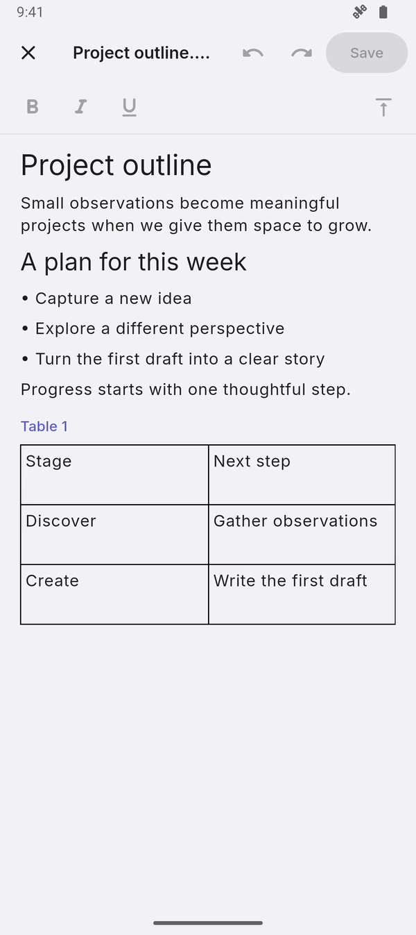 Word document editor with text and formatting controls