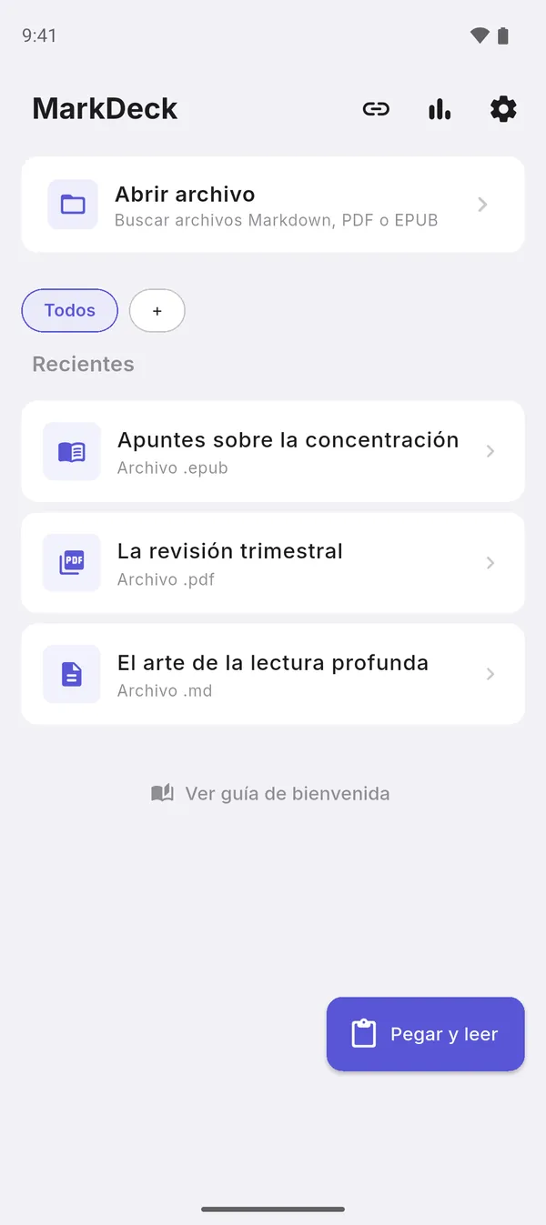 Inicio de MarkDeck con archivos recientes Markdown, PDF y EPUB en una sola biblioteca