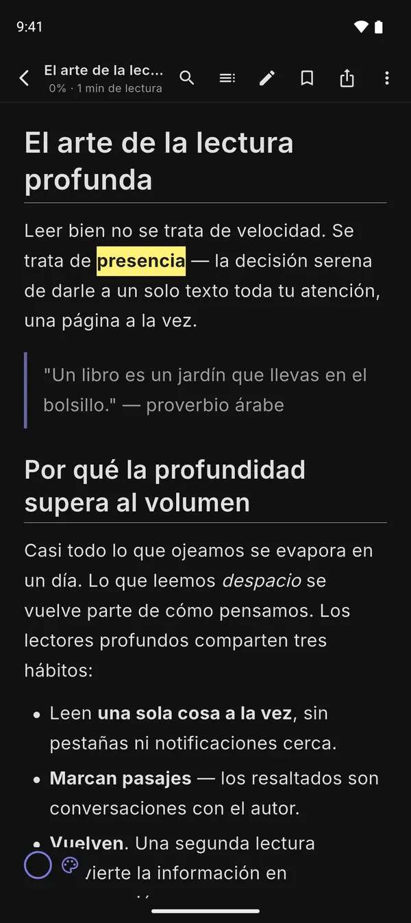 Documento renderizado en el tema oscuro AMOLED de MarkDeck — uno de más de 15 temas de lectura