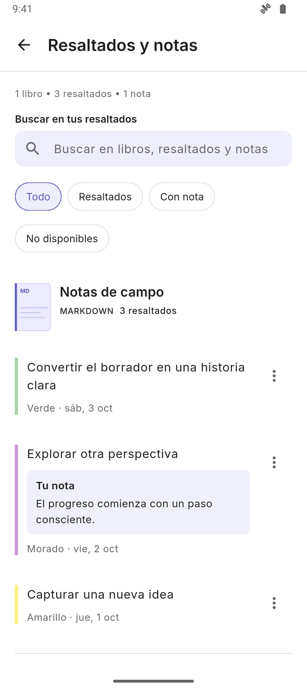 Panel de resaltados con fragmentos de colores y notas