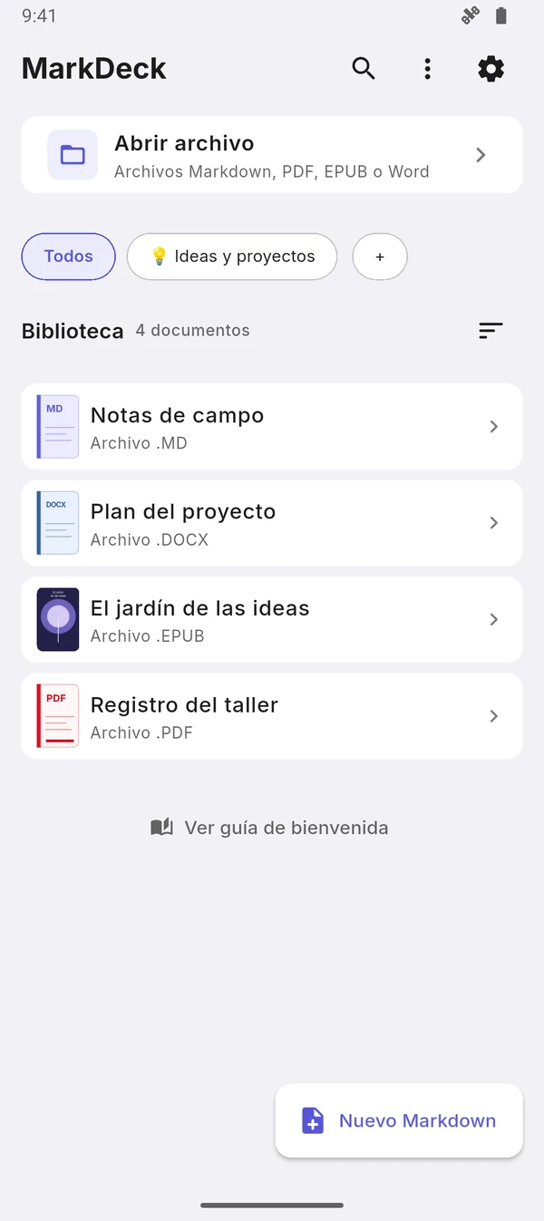 Biblioteca con documentos Markdown, PDF, EPUB y Word