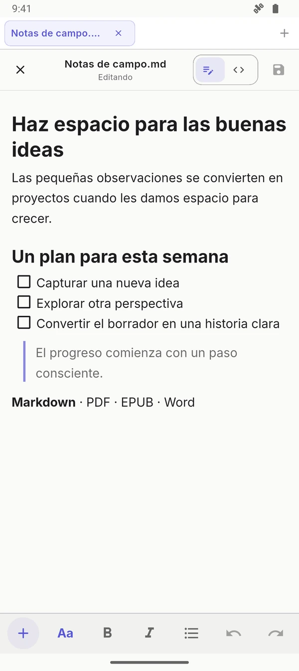 Editor visual de Markdown con controles de formato