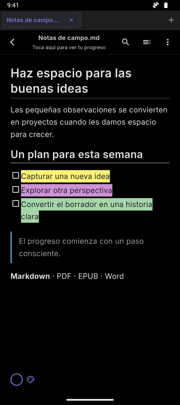Lector Markdown oscuro con resaltados; los colores extra requieren Pro