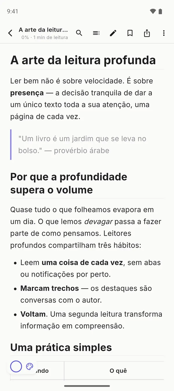 MarkDeck renderizando um documento Markdown com cabeçalhos, citações e listas