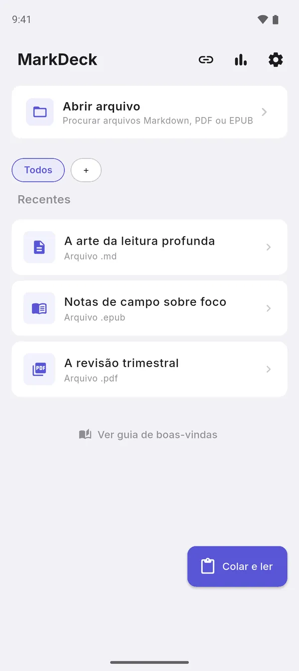 Início do MarkDeck com arquivos recentes Markdown, PDF e EPUB em uma só biblioteca