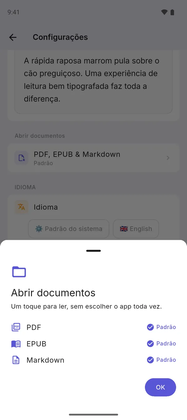 Tela de ajustes: MarkDeck como app padrão para PDF, EPUB e Markdown