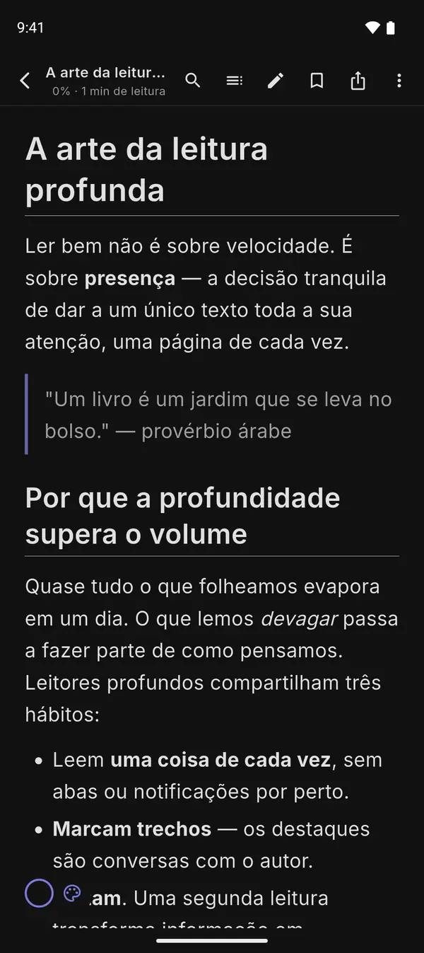 Documento renderizado no tema escuro AMOLED do MarkDeck — um de mais de 15 temas de leitura