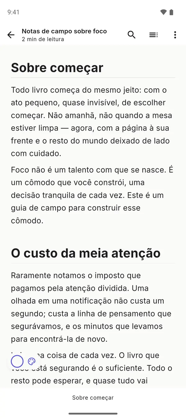 Livro EPUB renderizado com um tema de leitura personalizado