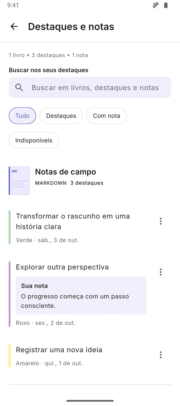 Painel de destaques com trechos coloridos e notas