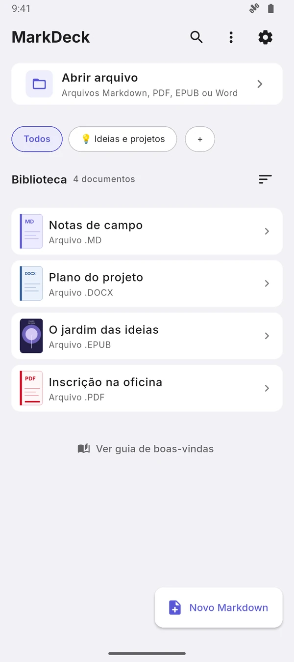 Biblioteca com documentos Markdown, PDF, EPUB e Word