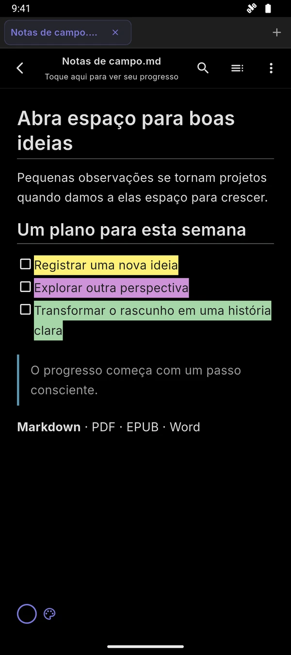Leitor Markdown escuro com destaques; as cores extras exigem Pro