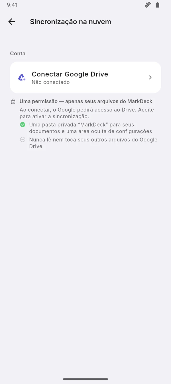 Configurações de sincronização antes de conectar uma conta Google