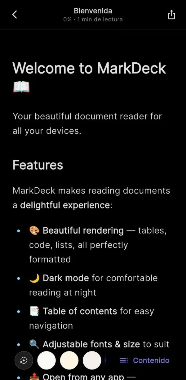Lector MarkDeck en tema Oscuro / AMOLED — fondo negro puro
