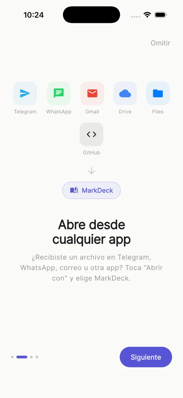 Abre MarkDeck desde cualquier app — Telegram, WhatsApp y más