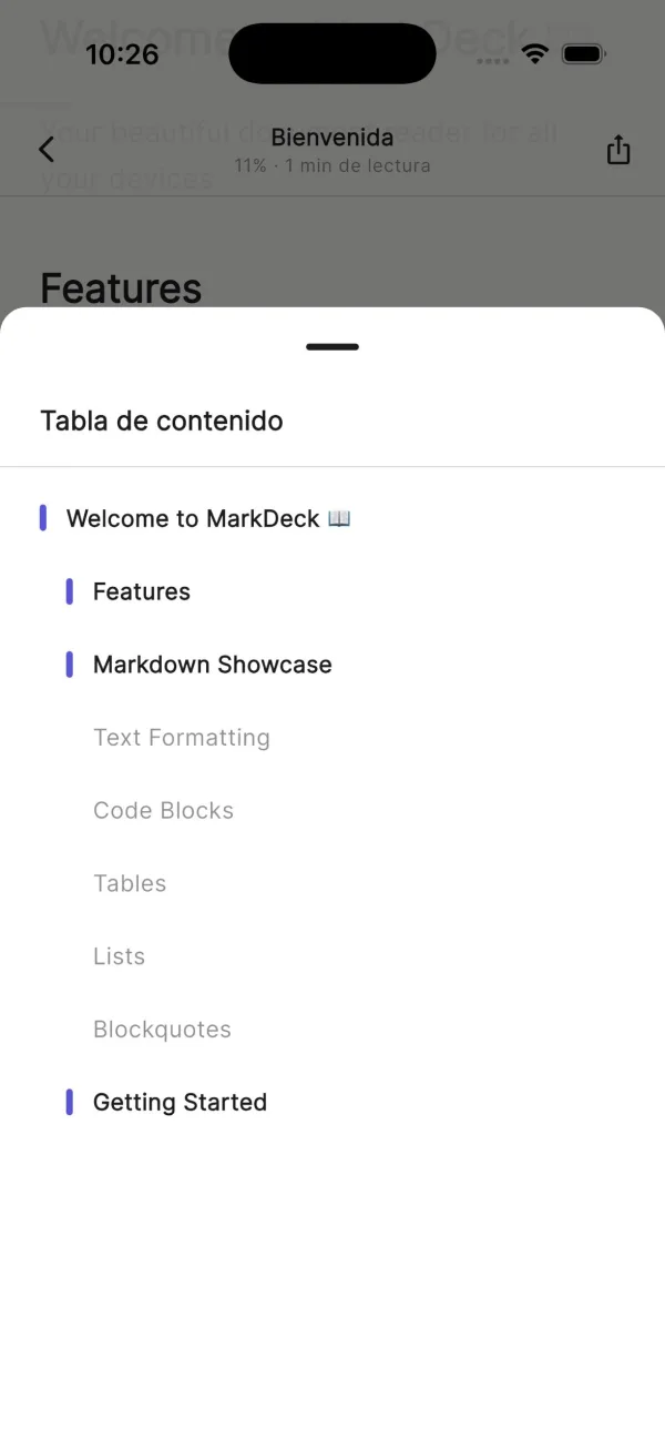 Navegación por tabla de contenido en MarkDeck
