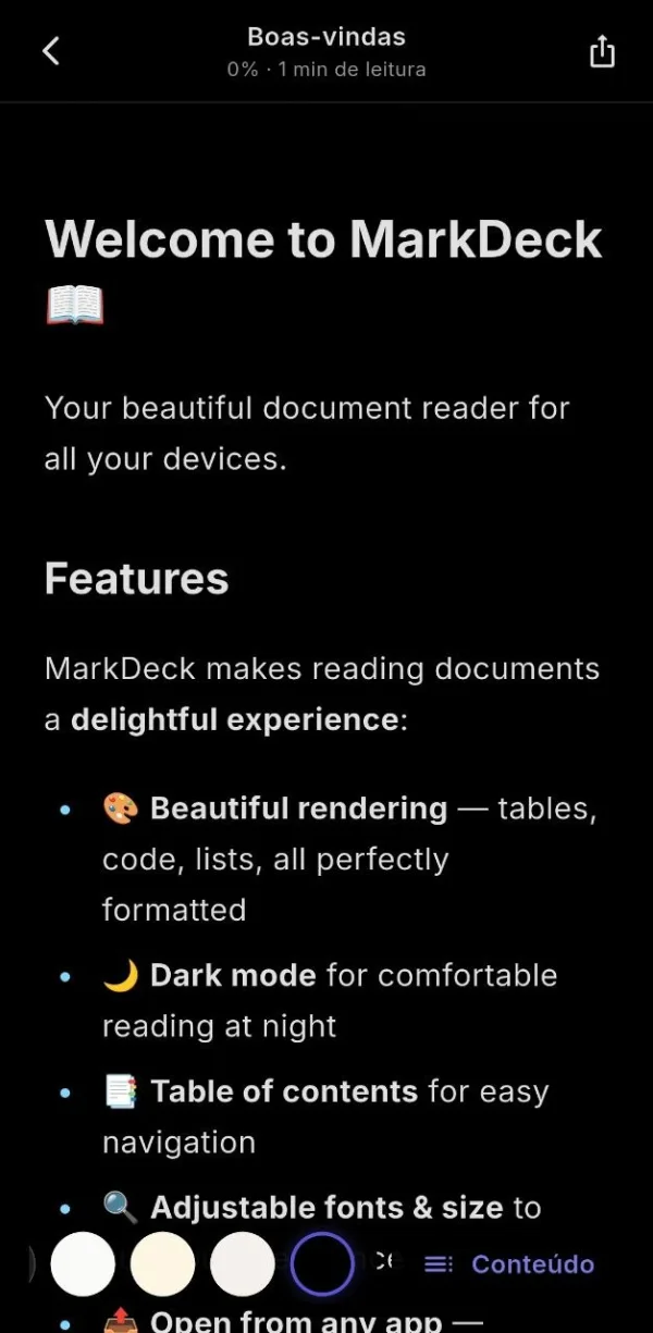 Leitor MarkDeck no tema Escuro / AMOLED — fundo preto puro