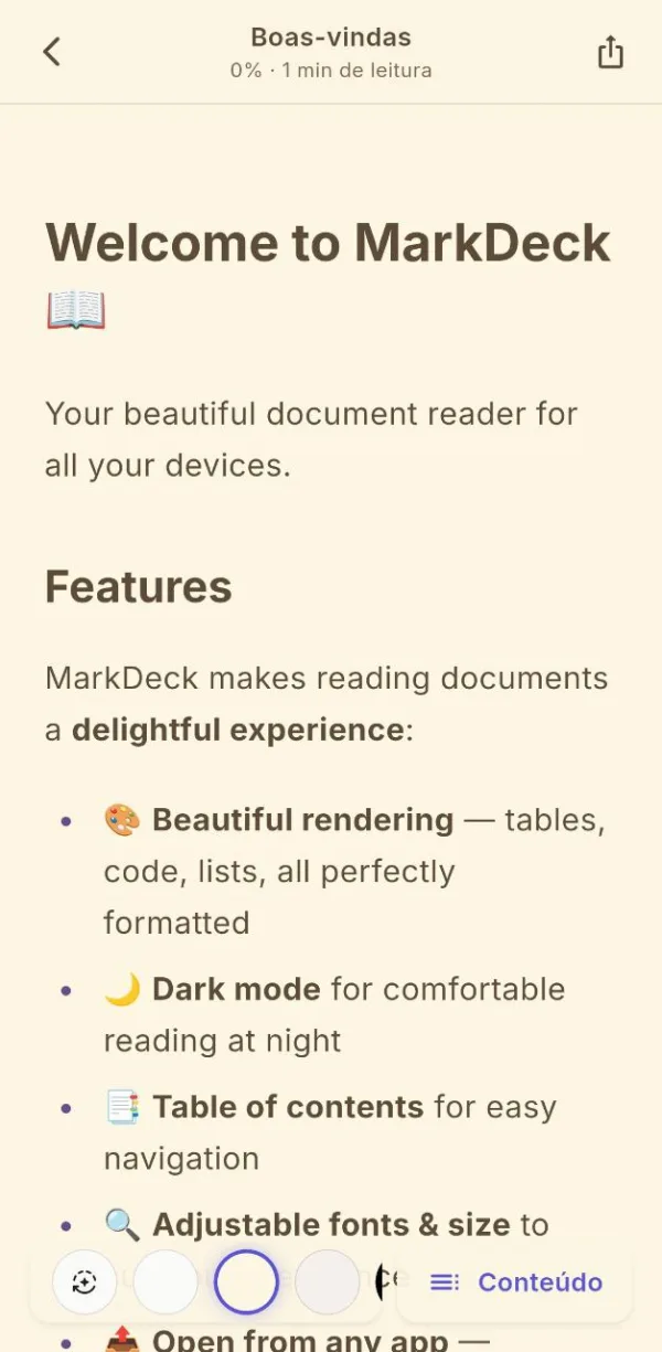 Leitor MarkDeck no tema Sépia — visual de pergaminho quente