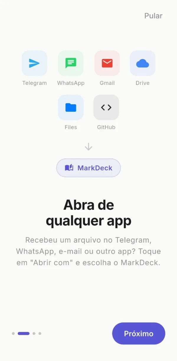 Abra o MarkDeck de qualquer app — Telegram, WhatsApp e mais