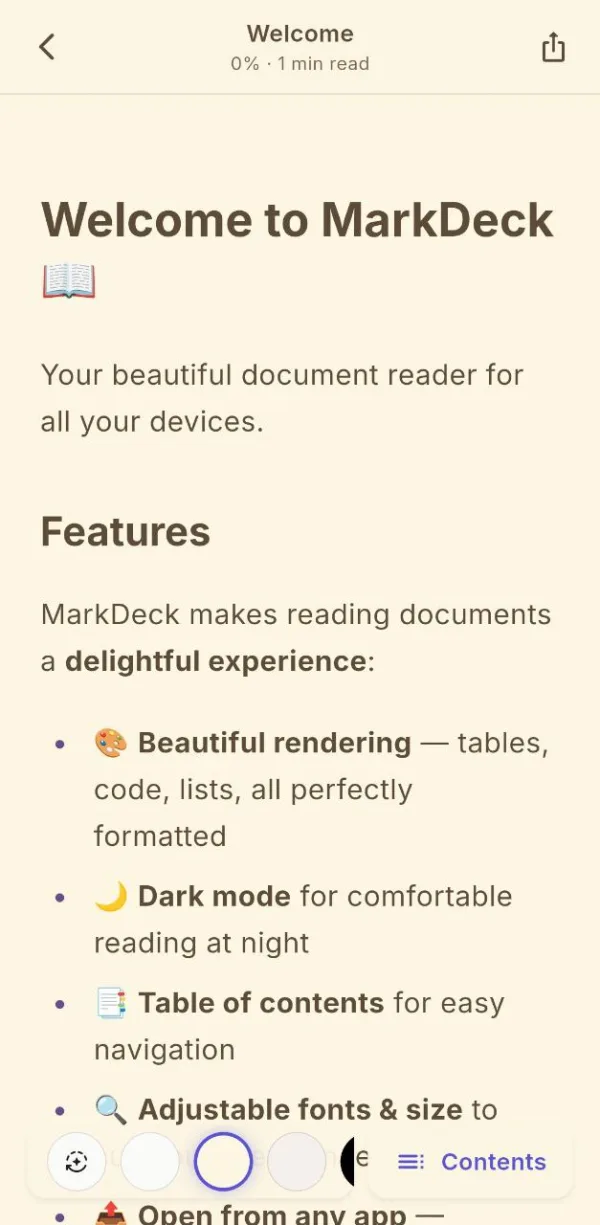 MarkDeck reader in Sepia theme — warm parchment look