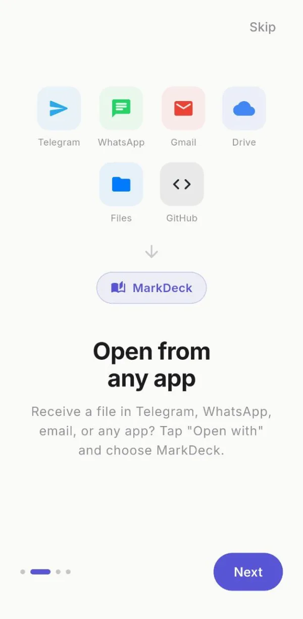 Open MarkDeck from any app — Telegram, WhatsApp, and more